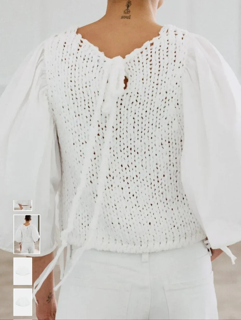 Zara White Crochet Knit Puff-Sleeve Top